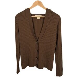Michael Kors Dark Olive Green Cable Knit Cardigan Sweater Hooded Button Up Large